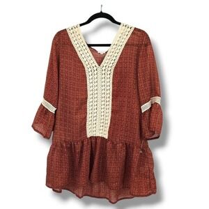 En Creme Tunic Top Crochet Trim Boho‎ Peasant Blouse 3/4 Sleeve Medium